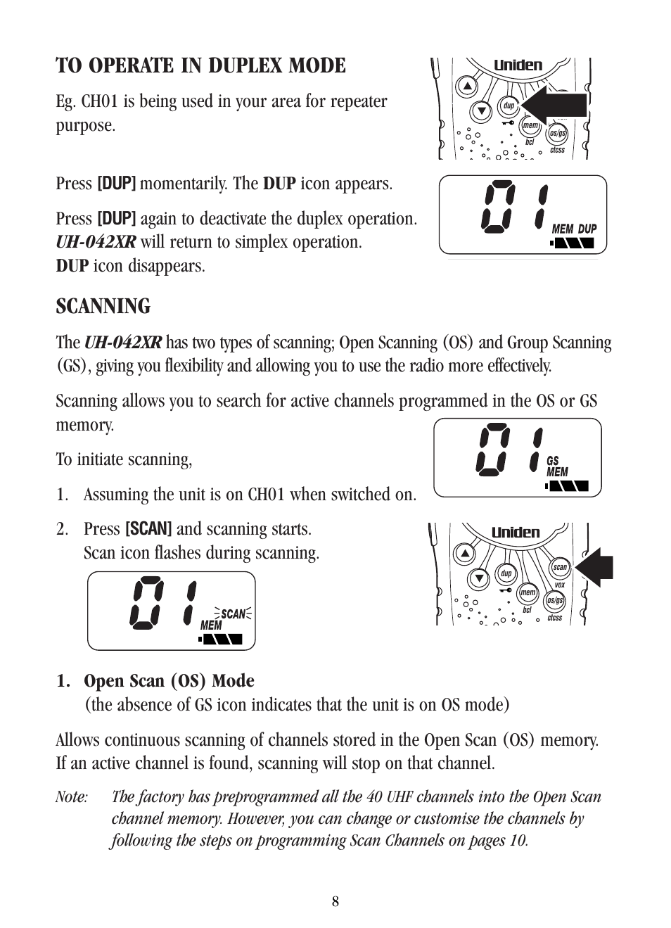 Scanning, Momentarily. the dup icon appears. press | Uniden UH-042XR User Manual | Page 11 / 28