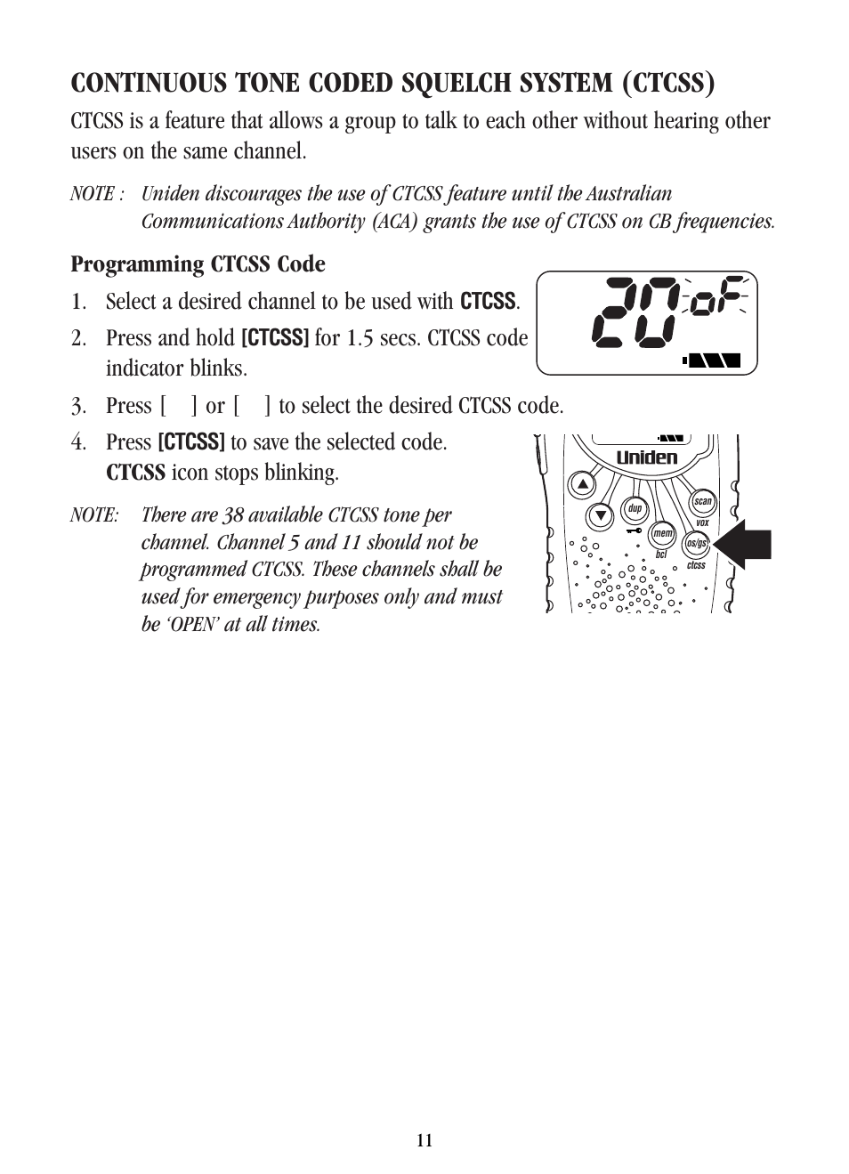 Continuous tone coded squelch system (ctcss), Press and hold | Uniden UH-042XR User Manual | Page 14 / 28