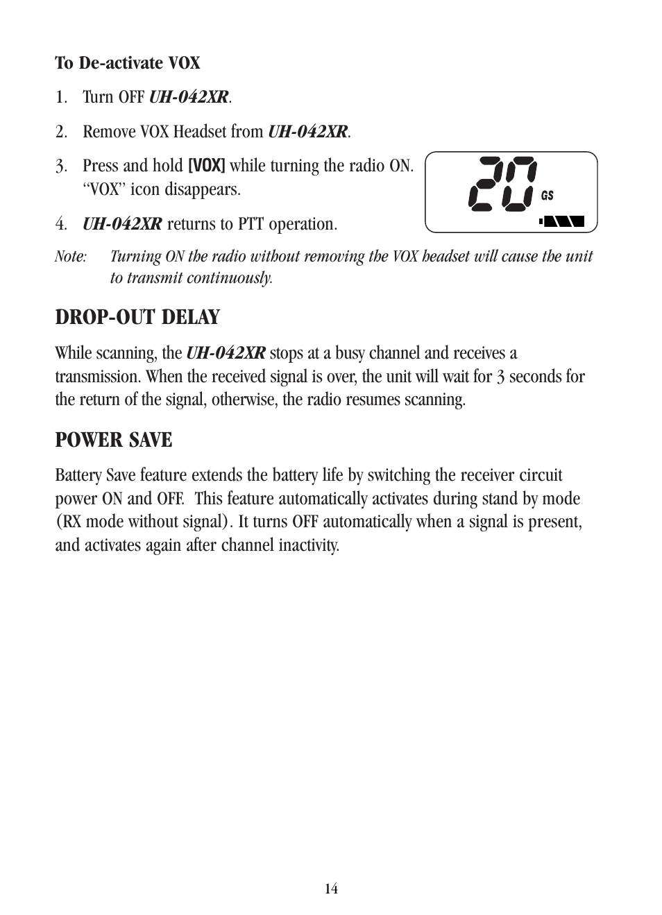 Drop-out delay, Power save | Uniden UH-042XR User Manual | Page 17 / 28