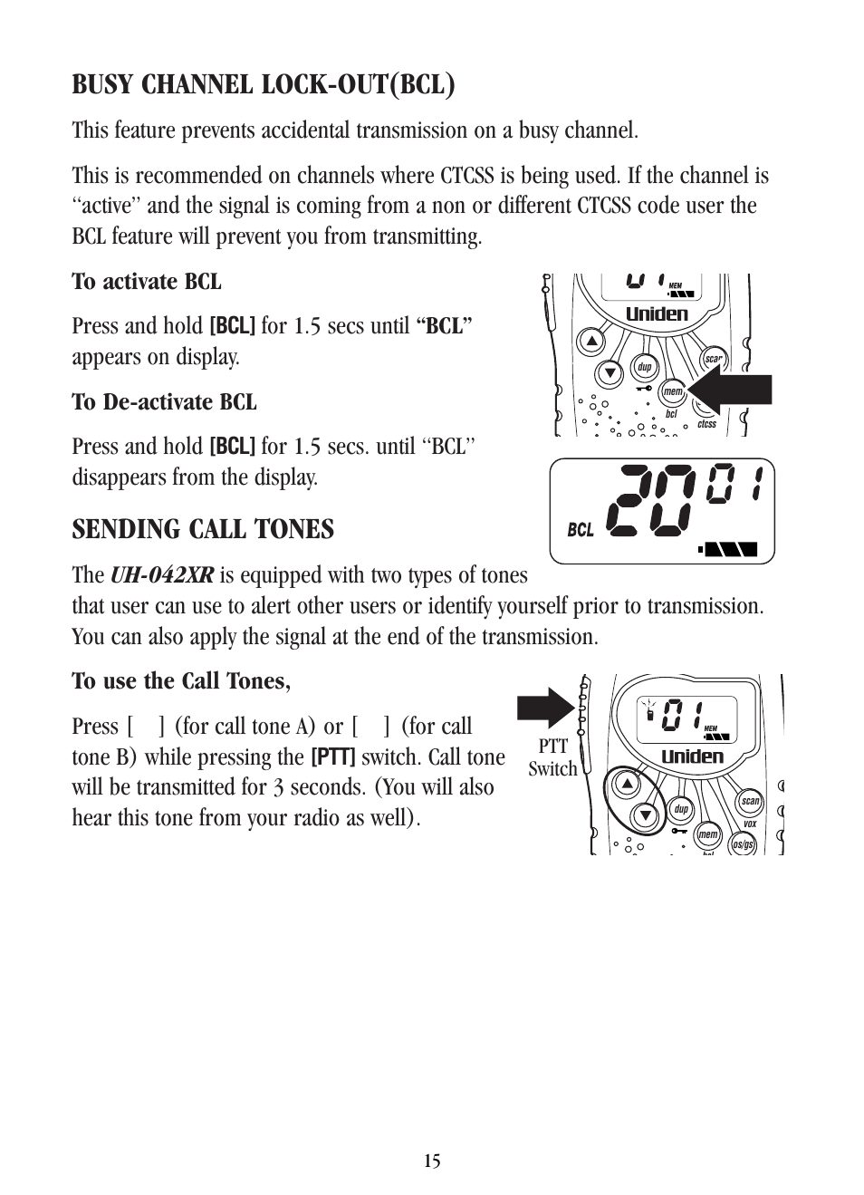 Busy channel lock-out(bcl), Sending call tones | Uniden UH-042XR User Manual | Page 18 / 28