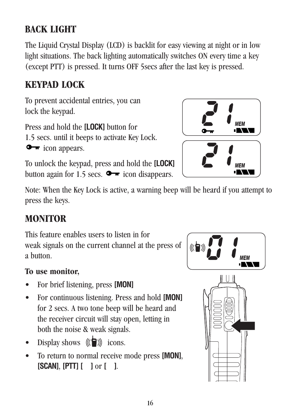 Back light, Keypad lock, Monitor | Uniden UH-042XR User Manual | Page 19 / 28