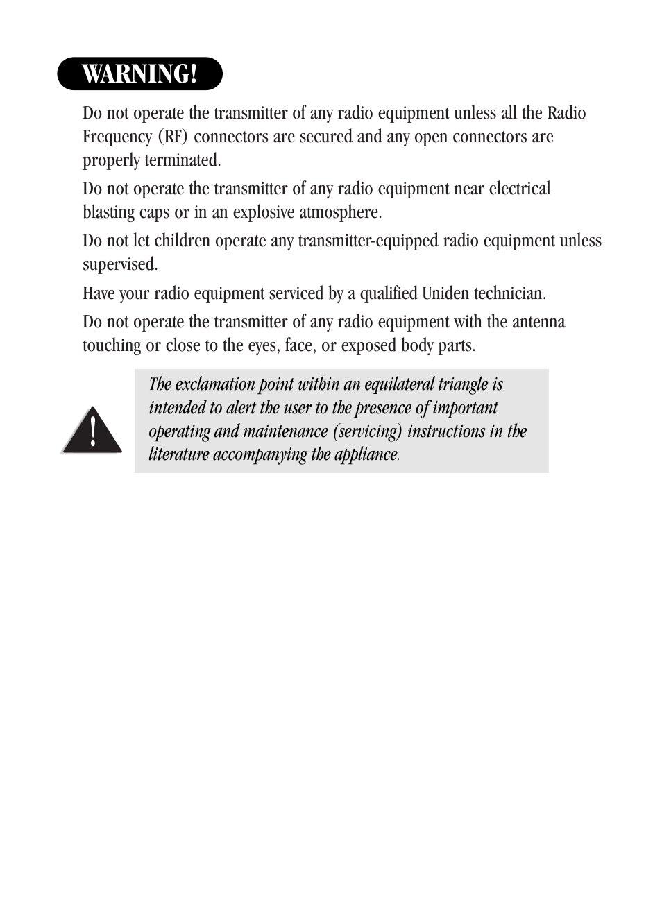 Warning | Uniden UH-042XR User Manual | Page 2 / 28
