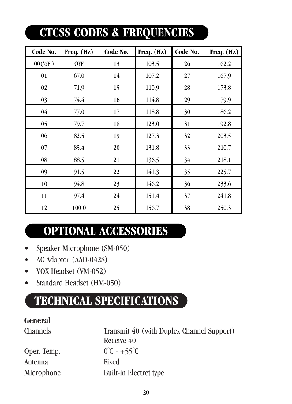Technical specifications optional accessories, Ctcss codes & frequencies | Uniden UH-042XR User Manual | Page 23 / 28