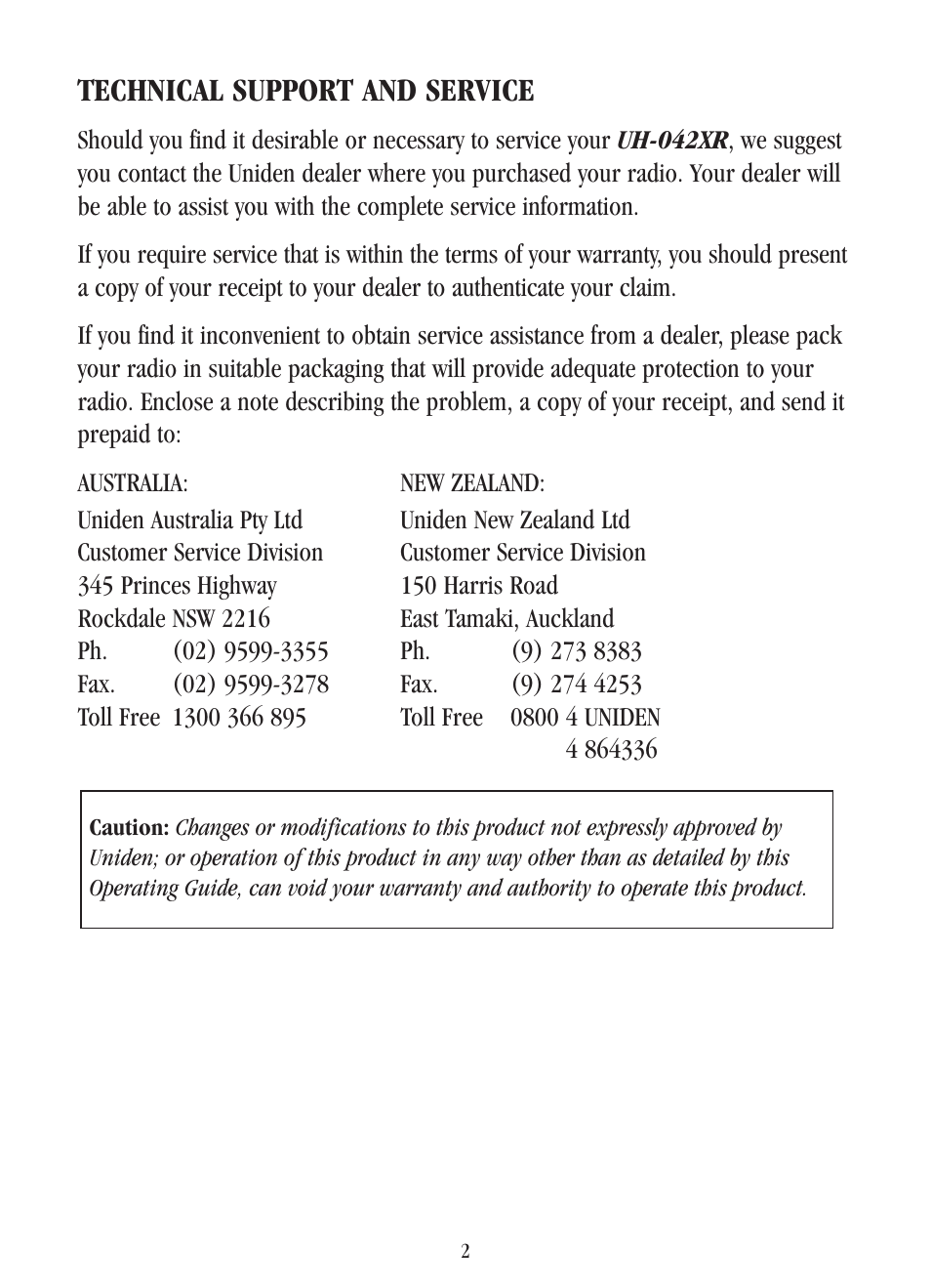 Technical support and service | Uniden UH-042XR User Manual | Page 5 / 28
