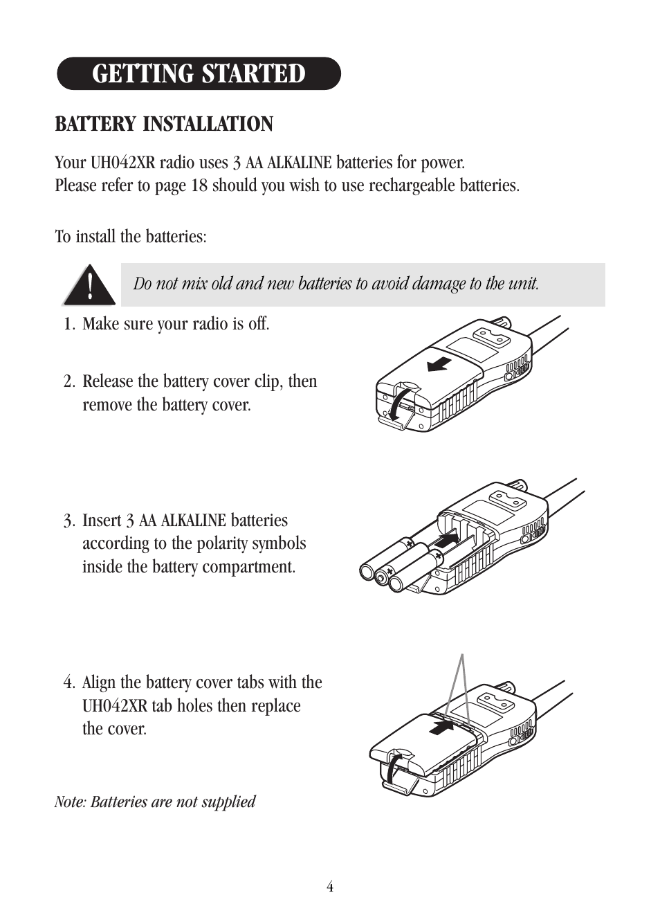 Getting started, Battery installation | Uniden UH-042XR User Manual | Page 7 / 28