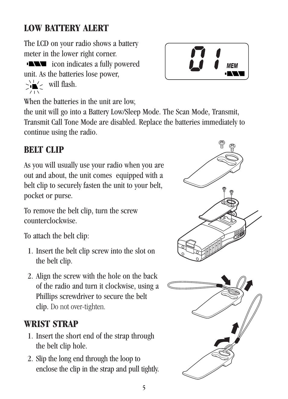 Low battery alert, Belt clip, Wrist strap | Uniden UH-042XR User Manual | Page 8 / 28