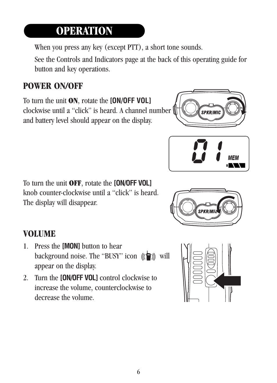 Operation, Power on/off, Volume | Uniden UH-042XR User Manual | Page 9 / 28
