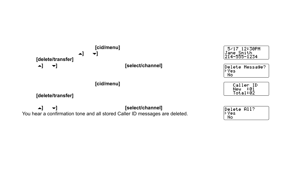 Deleting information from the caller id list, Deleting a caller id message, Deleting all caller id names/numbers | Deleting.information.from.the.caller.id.list | Uniden DX15686 Series User Manual | Page 32 / 48