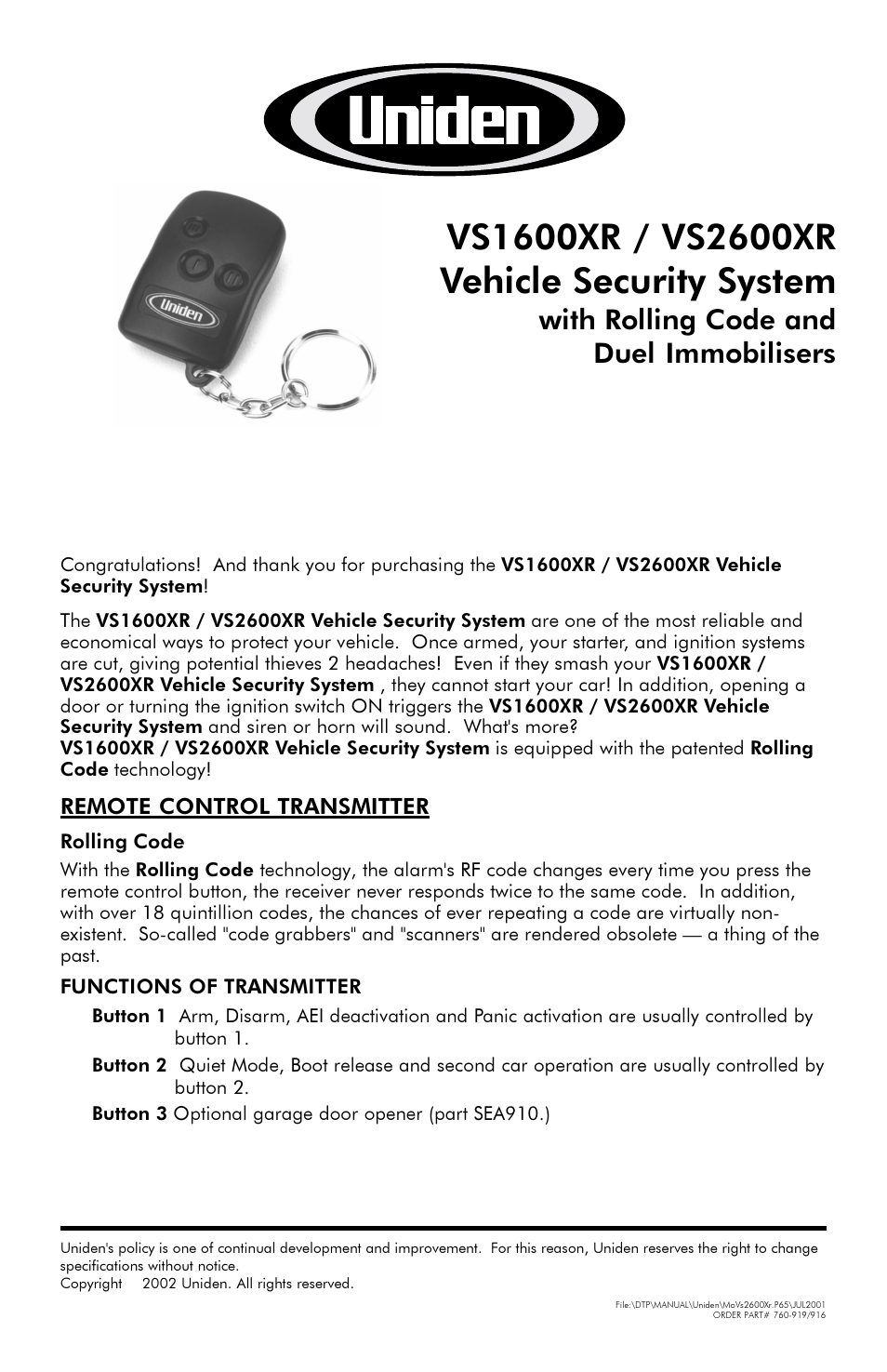 Uniden VS1600XR User Manual | 4 pages