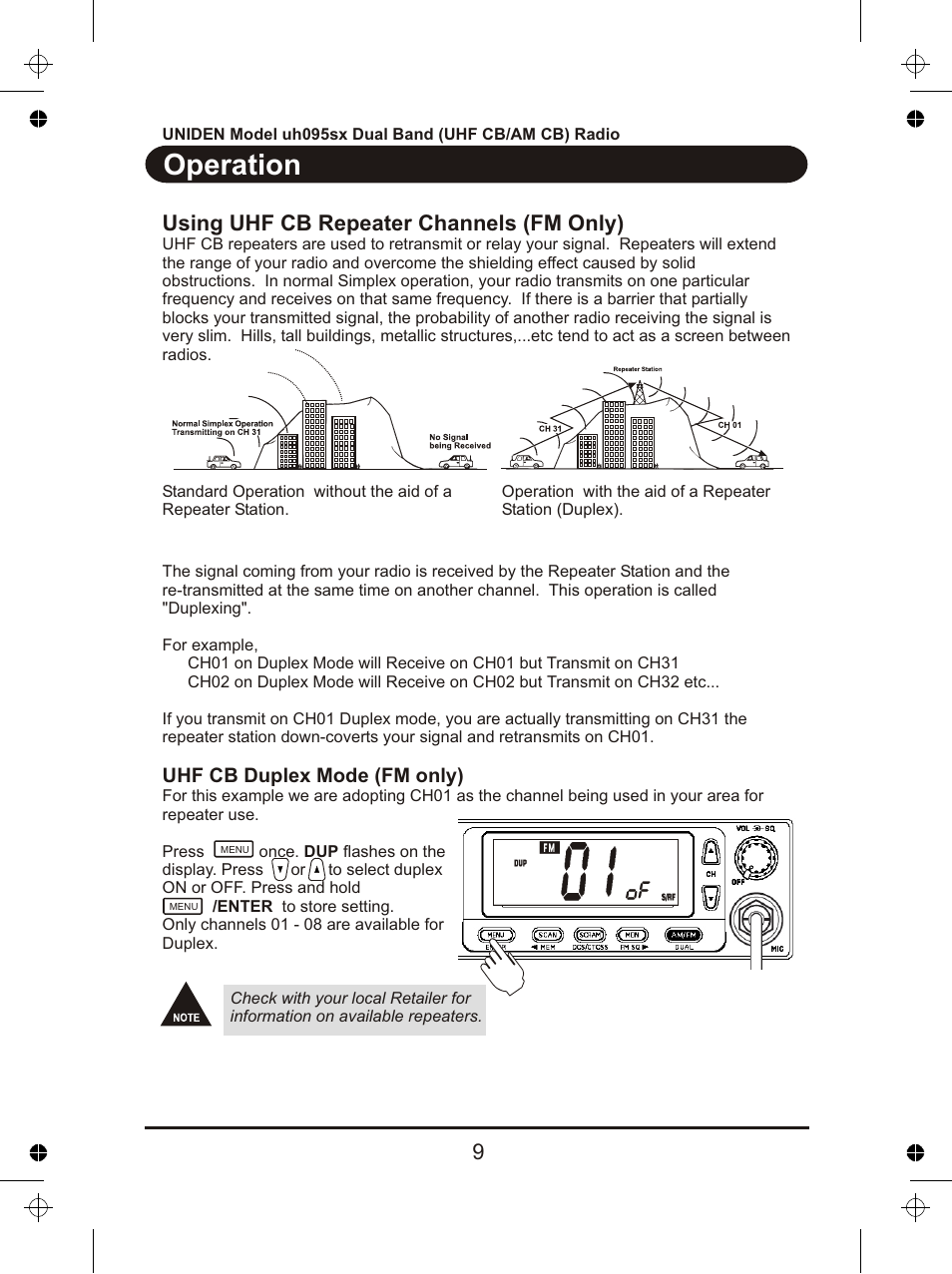 Operation, 9using uhf cb repeater channels (fm only) | Uniden uh095sx User Manual | Page 10 / 20