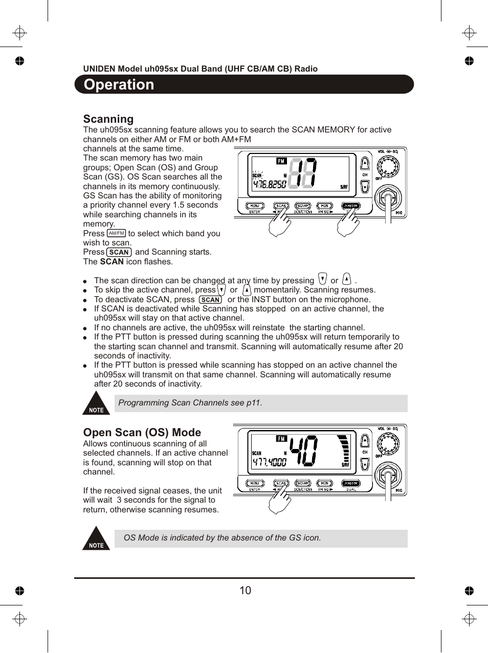 Operation, Scanning, Open scan (os) mode | Uniden uh095sx User Manual | Page 11 / 20