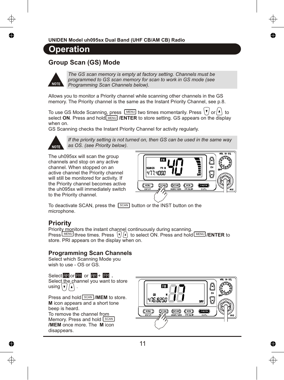 Operation, Group scan (gs) mode, Priority | Programming scan channels | Uniden uh095sx User Manual | Page 12 / 20