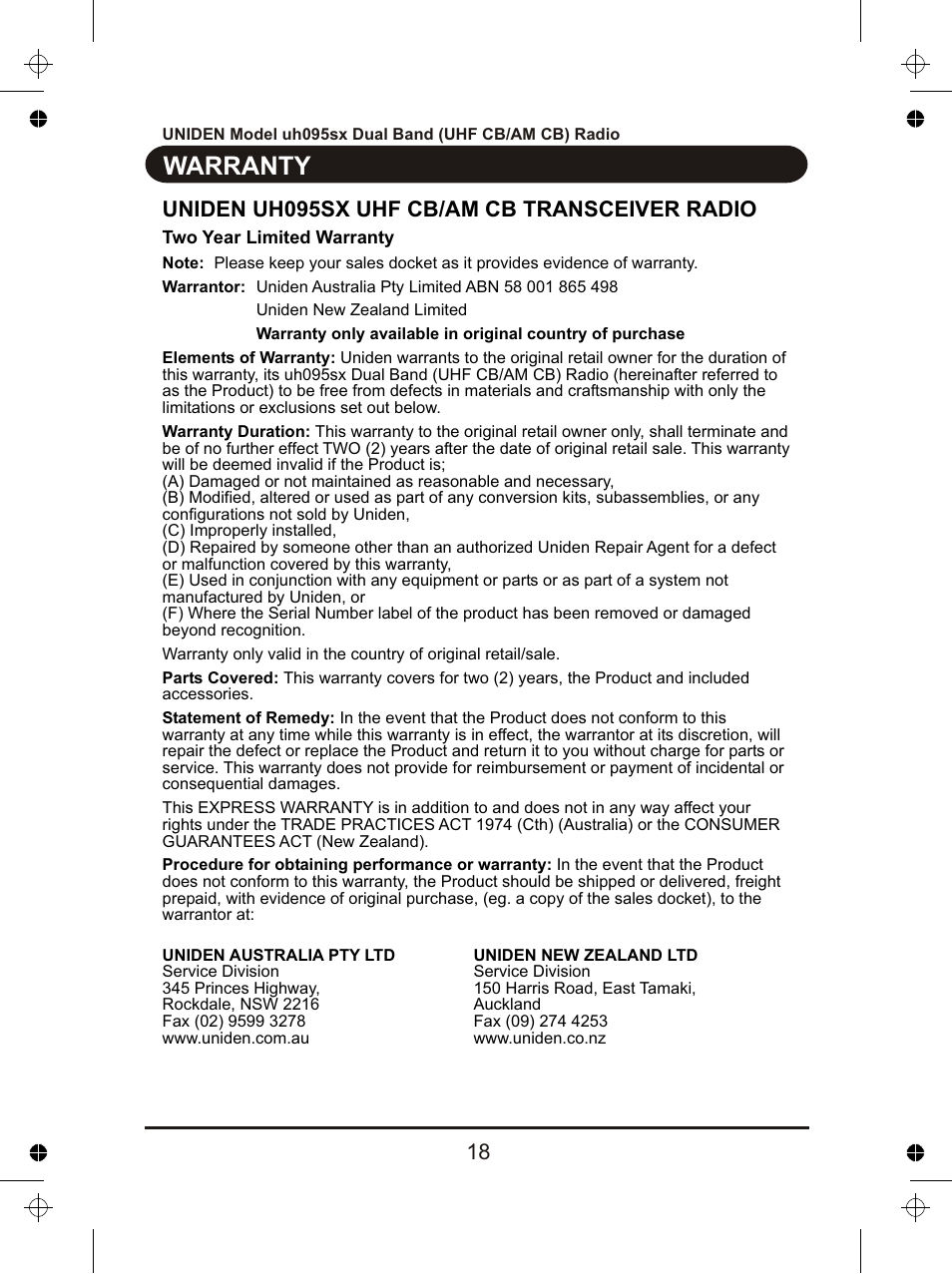 Warranty, Uniden uh095sx uhf cb/am cb transceiver radio | Uniden uh095sx User Manual | Page 19 / 20