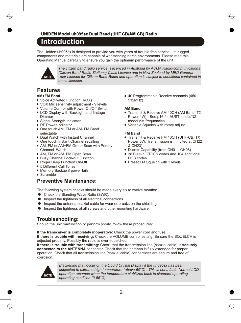 Introduction, Features, Preventive maintenance | Troubleshooting | Uniden uh095sx User Manual | Page 3 / 20