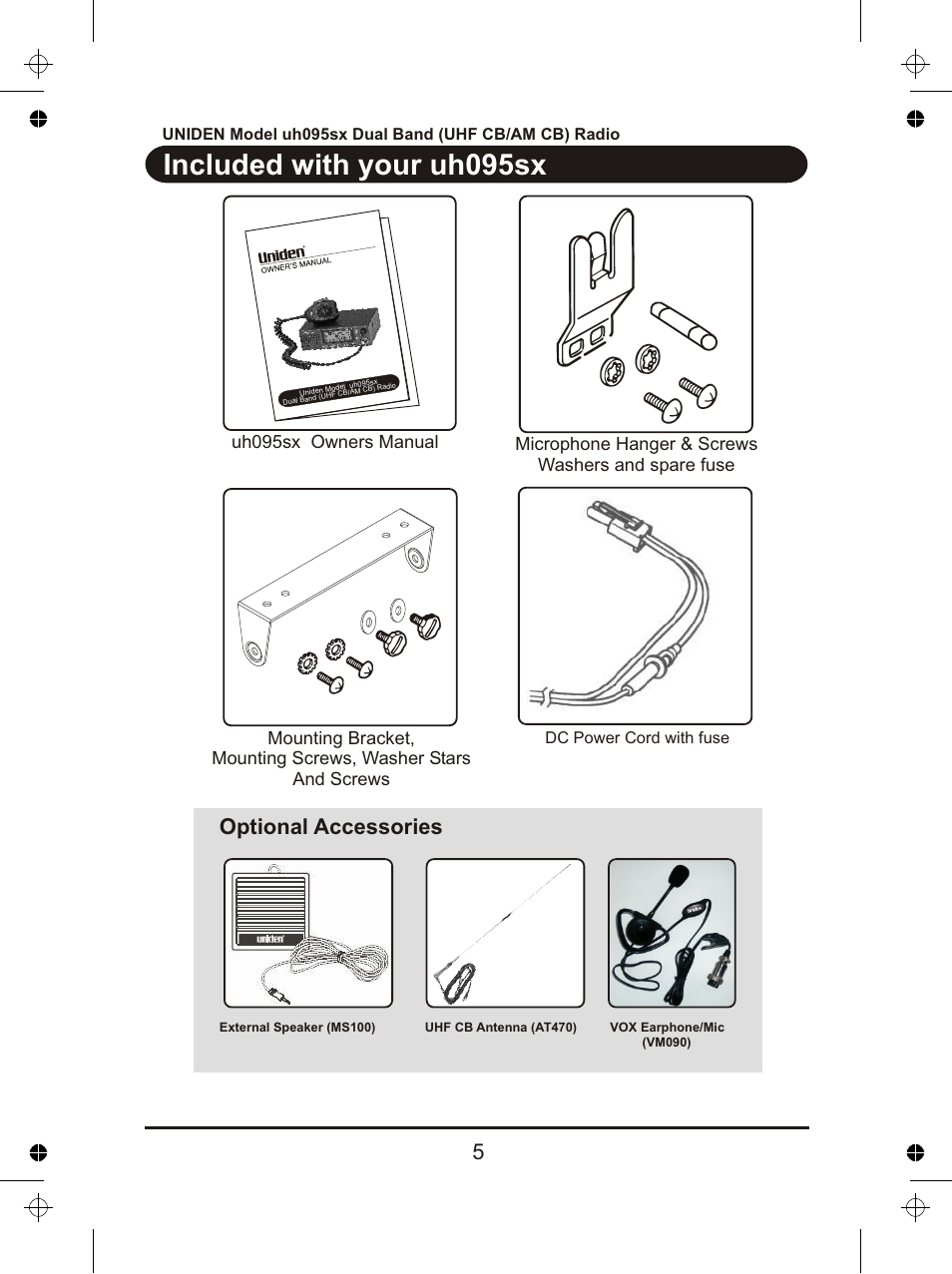 Included with your uh095sx, 5optional accessories, Microphone hanger & screws washers and spare fuse | Uniden uh095sx User Manual | Page 6 / 20