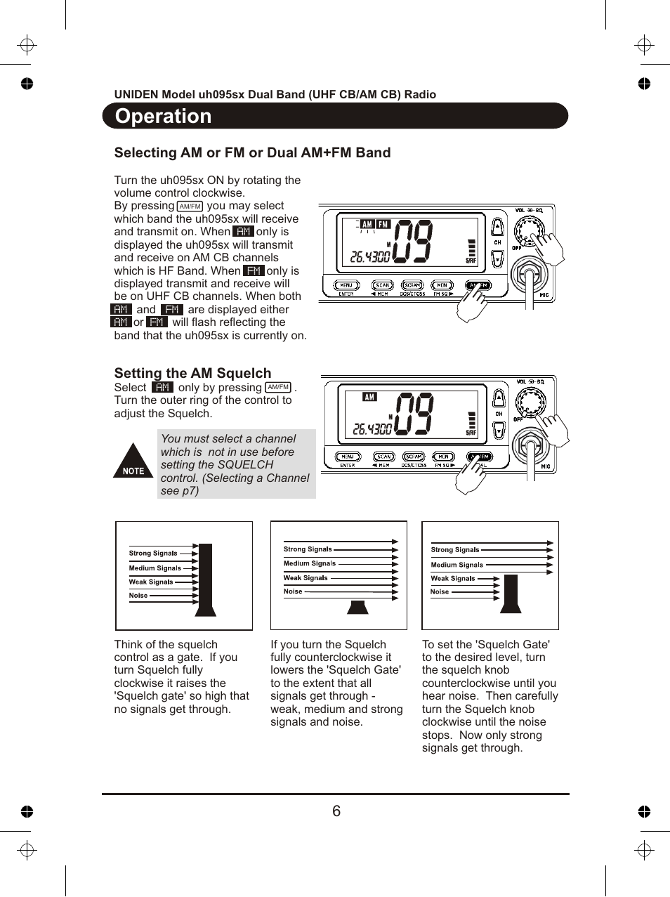 Operation, Setting the am squelch, Selecting am or fm or dual am+fm band | Uniden uh095sx User Manual | Page 7 / 20