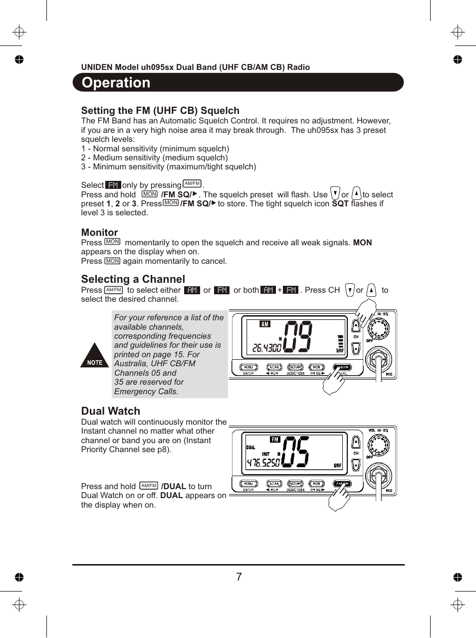 Operation, Selecting a channel, Dual watch | Setting the fm (uhf cb) squelch, Monitor | Uniden uh095sx User Manual | Page 8 / 20