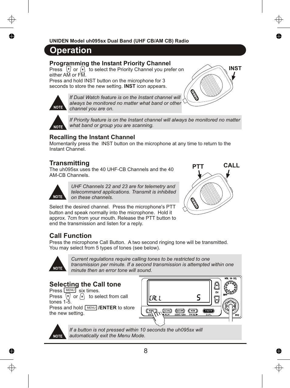 Operation, Transmitting, Call function | Selecting the call tone | Uniden uh095sx User Manual | Page 9 / 20