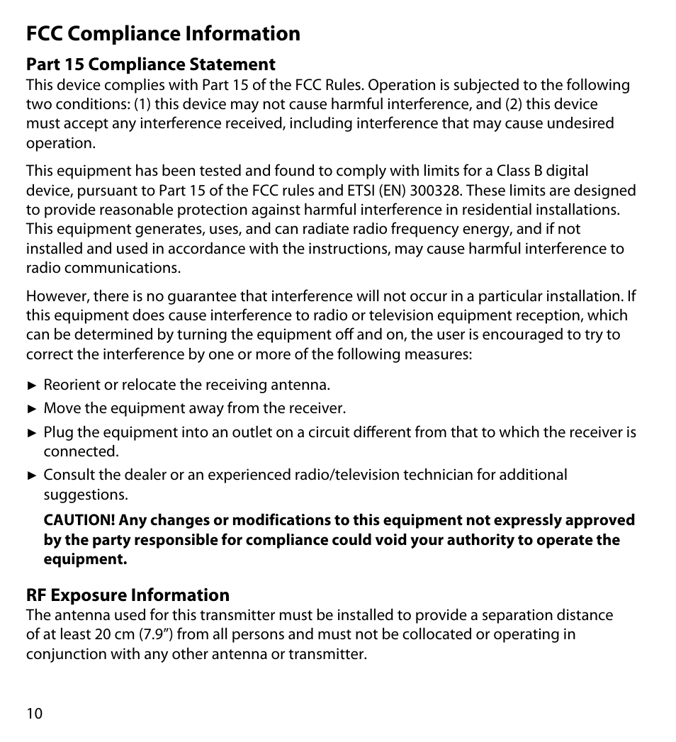 Fcc compliance information, Part 15 compliance statement, Rf exposure information | Fcc compliance, Information, Part 15 compliance, Statement, Rf exposure information 10 | Uniden UDWC23 User Manual | Page 10 / 12