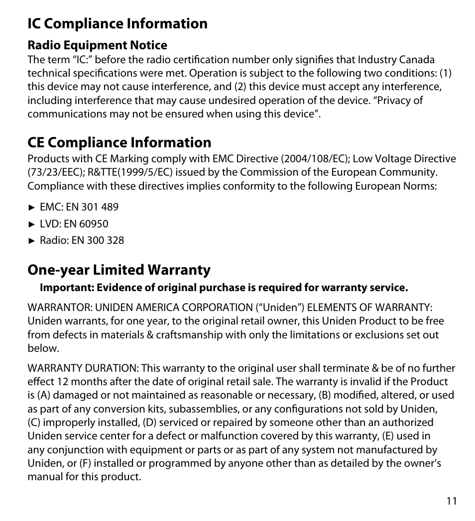 Ic compliance information, Radio equipment notice, Ce compliance information | One-year limited warranty, Ic compliance, Information, Radio equipment notice 11, Ce compliance, One-year limited, Warranty | Uniden UDWC23 User Manual | Page 11 / 12