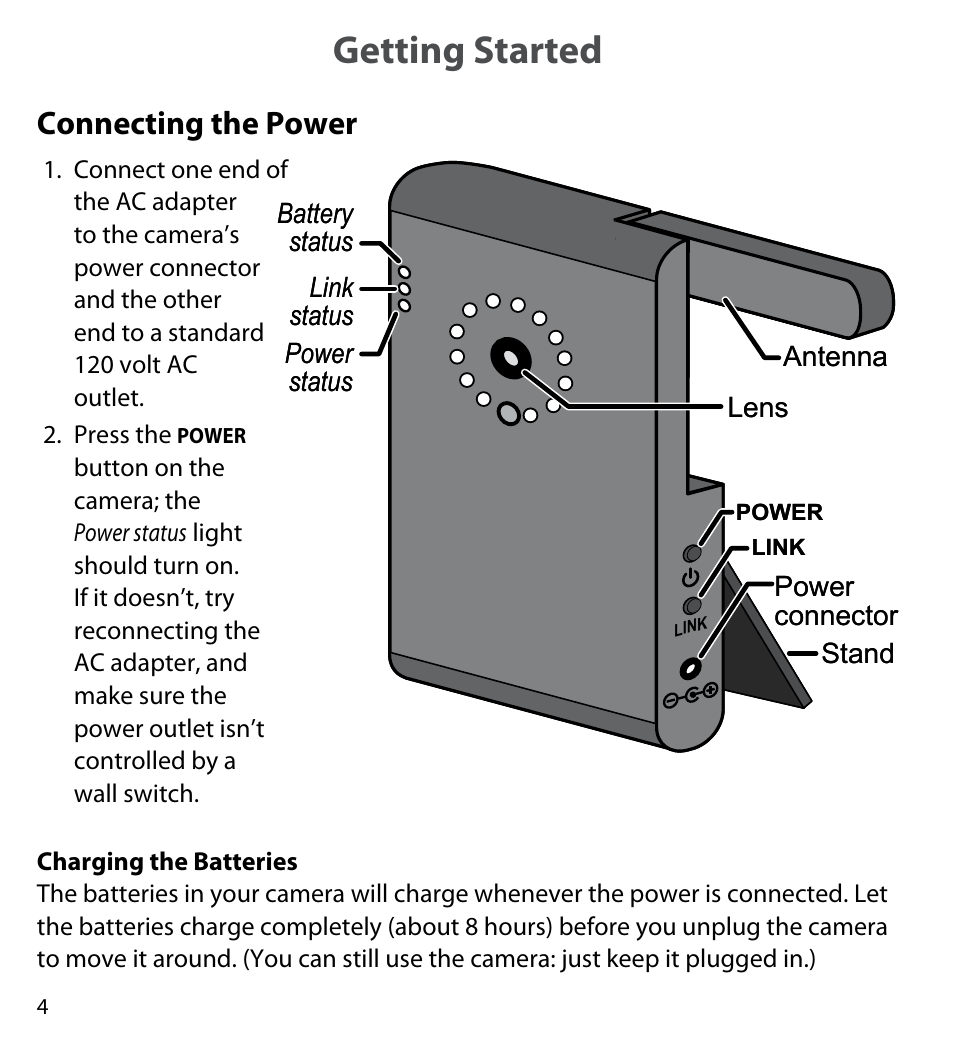 Getting started, Connecting the power, Charging the batteries | Getting started connecting the power | Uniden UDWC23 User Manual | Page 4 / 12