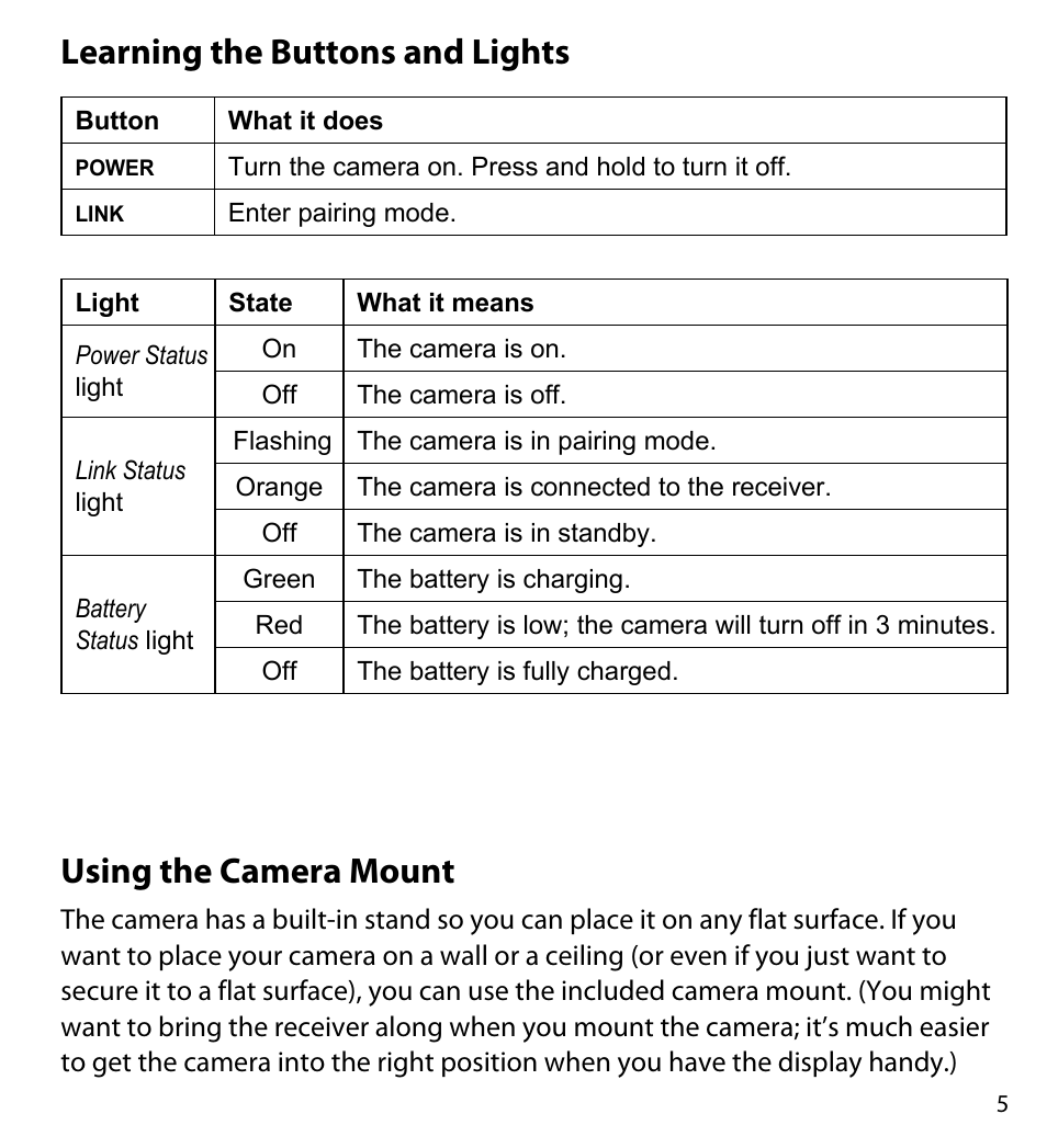 Learning the buttons and lights, Using the camera mount, Learning the buttons and | Lights | Uniden UDWC23 User Manual | Page 5 / 12