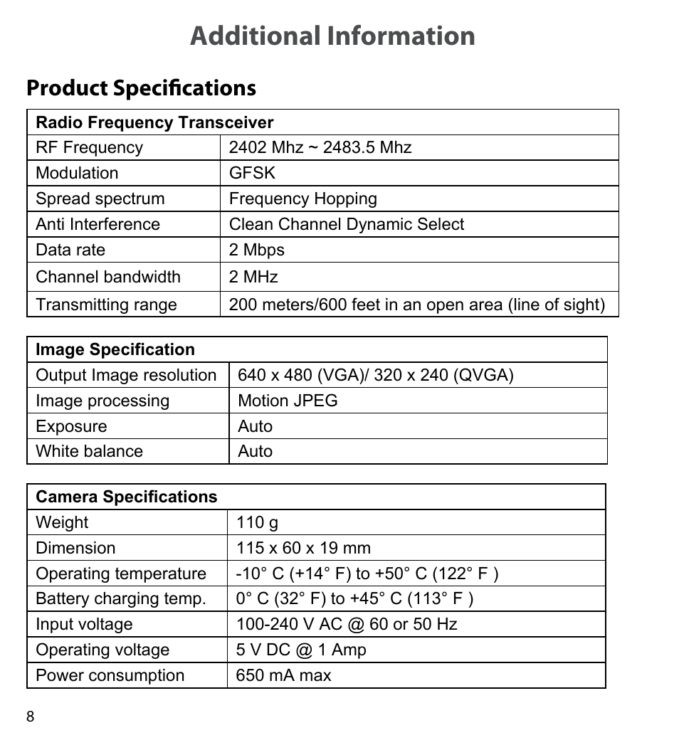 Additional information, Product specifications, Additional information product specifications | Uniden UDWC23 User Manual | Page 8 / 12