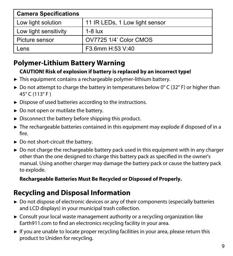 Polymer-lithium battery warning, Recycling and disposal information, Polymer-lithium battery | Warning, Recycling and disposal, Information | Uniden UDWC23 User Manual | Page 9 / 12