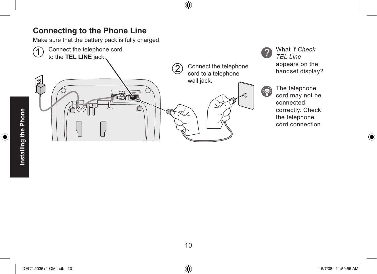Connecting to the phone line | Uniden DECT2035+2 User Manual | Page 10 / 72