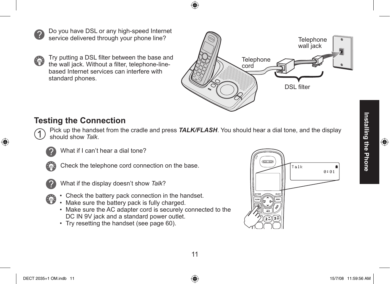 Testing the connection | Uniden DECT2035+2 User Manual | Page 11 / 72