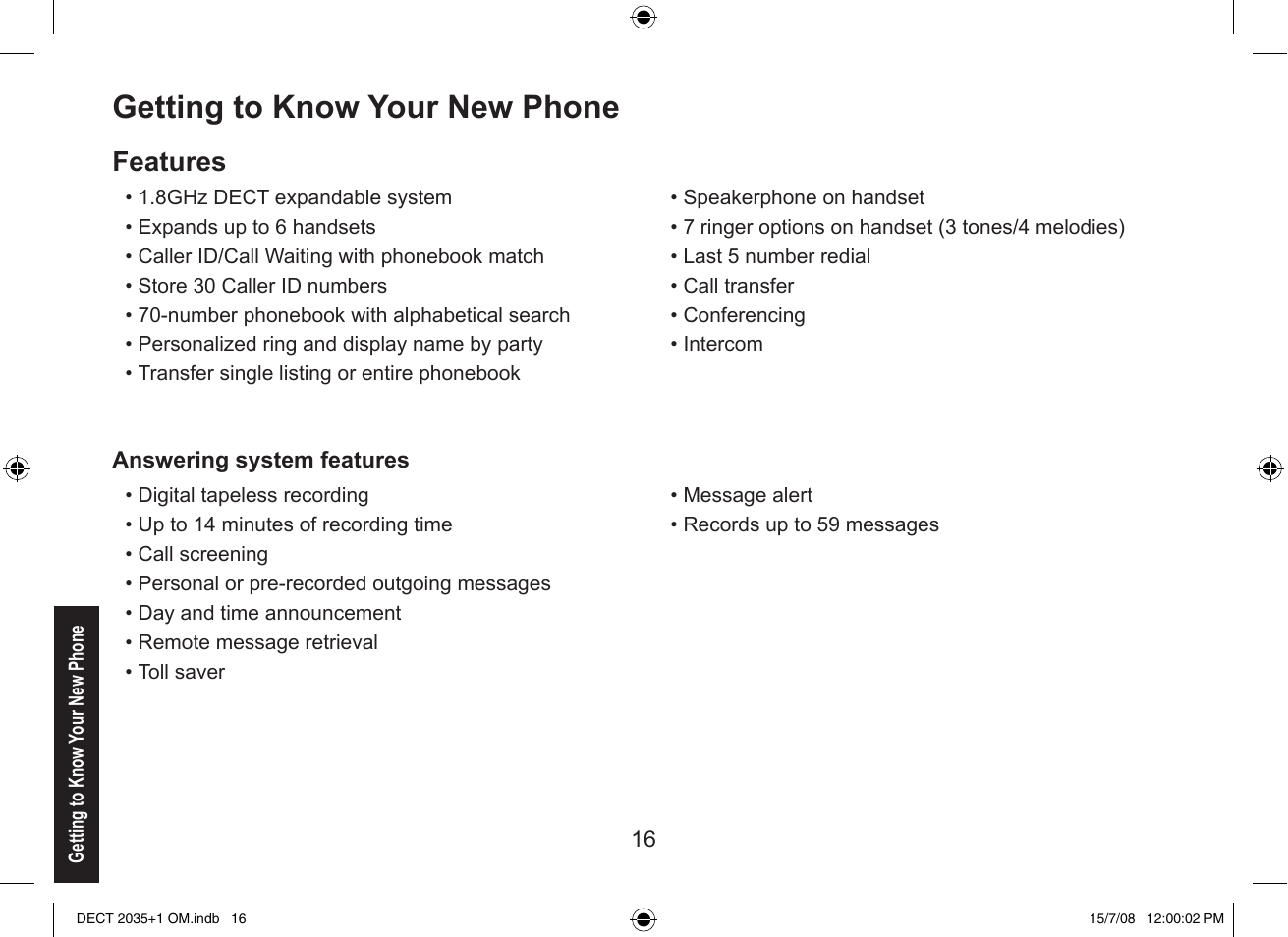 Getting to know your new phone, Features | Uniden DECT2035+2 User Manual | Page 16 / 72