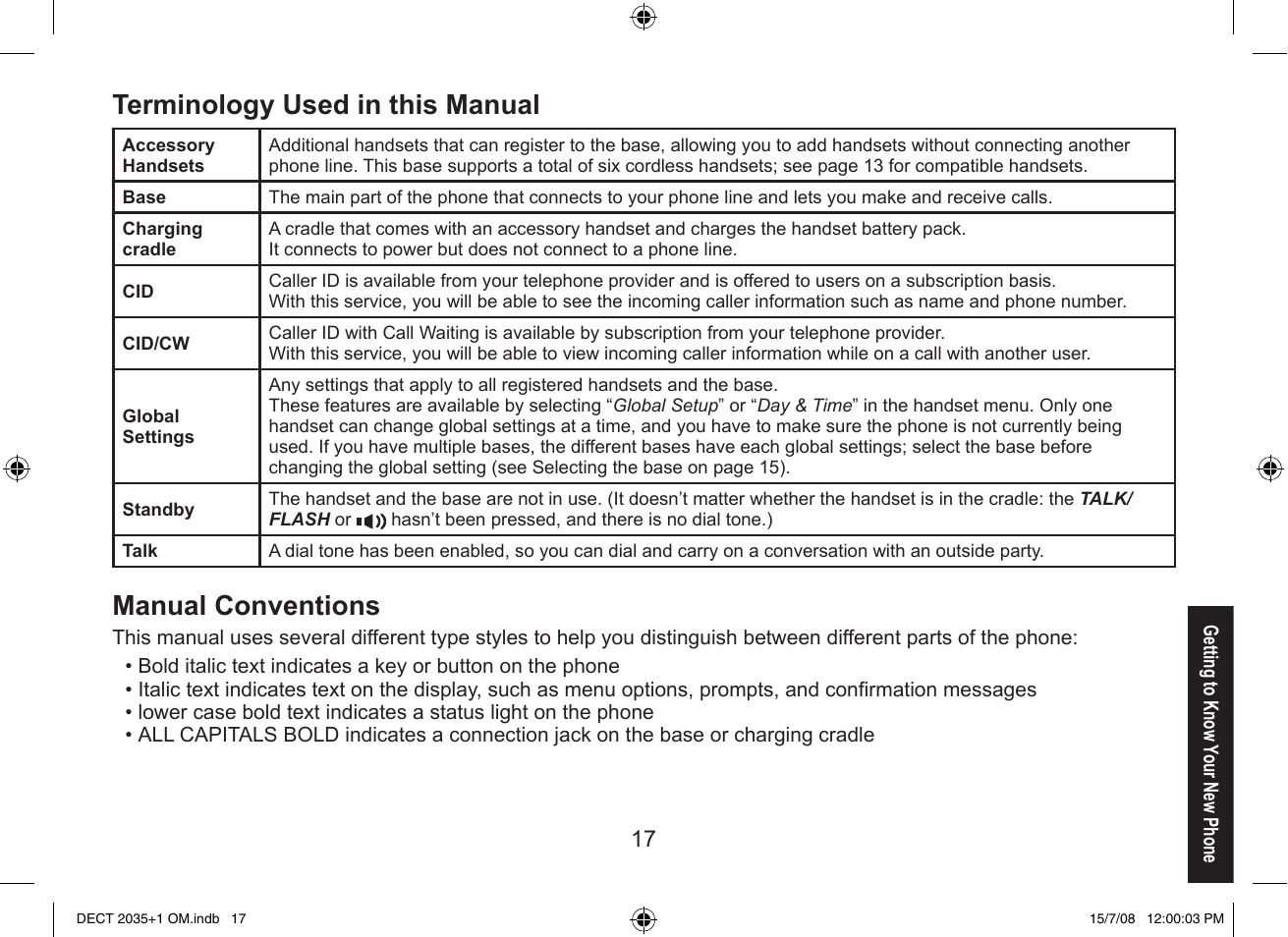 Terminology used in this manual, Manual conventions | Uniden DECT2035+2 User Manual | Page 17 / 72