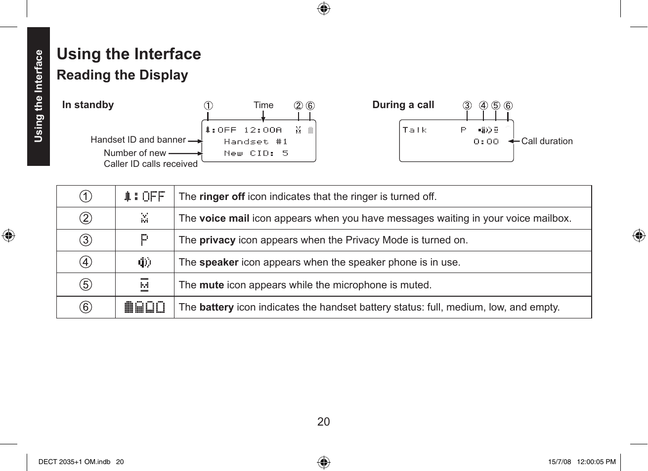 Using the interface, Reading the display | Uniden DECT2035+2 User Manual | Page 20 / 72
