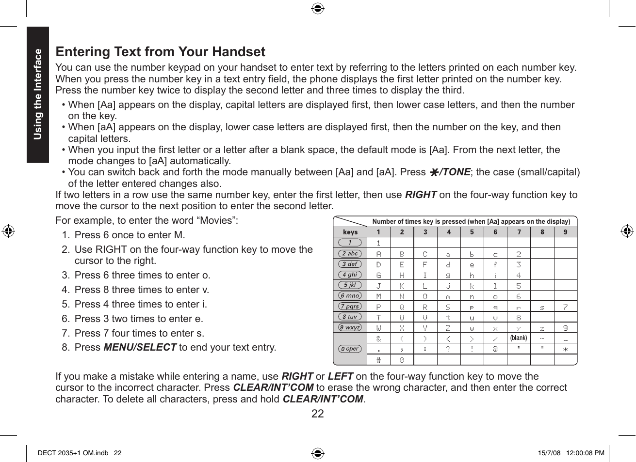 Entering text from your handset | Uniden DECT2035+2 User Manual | Page 22 / 72