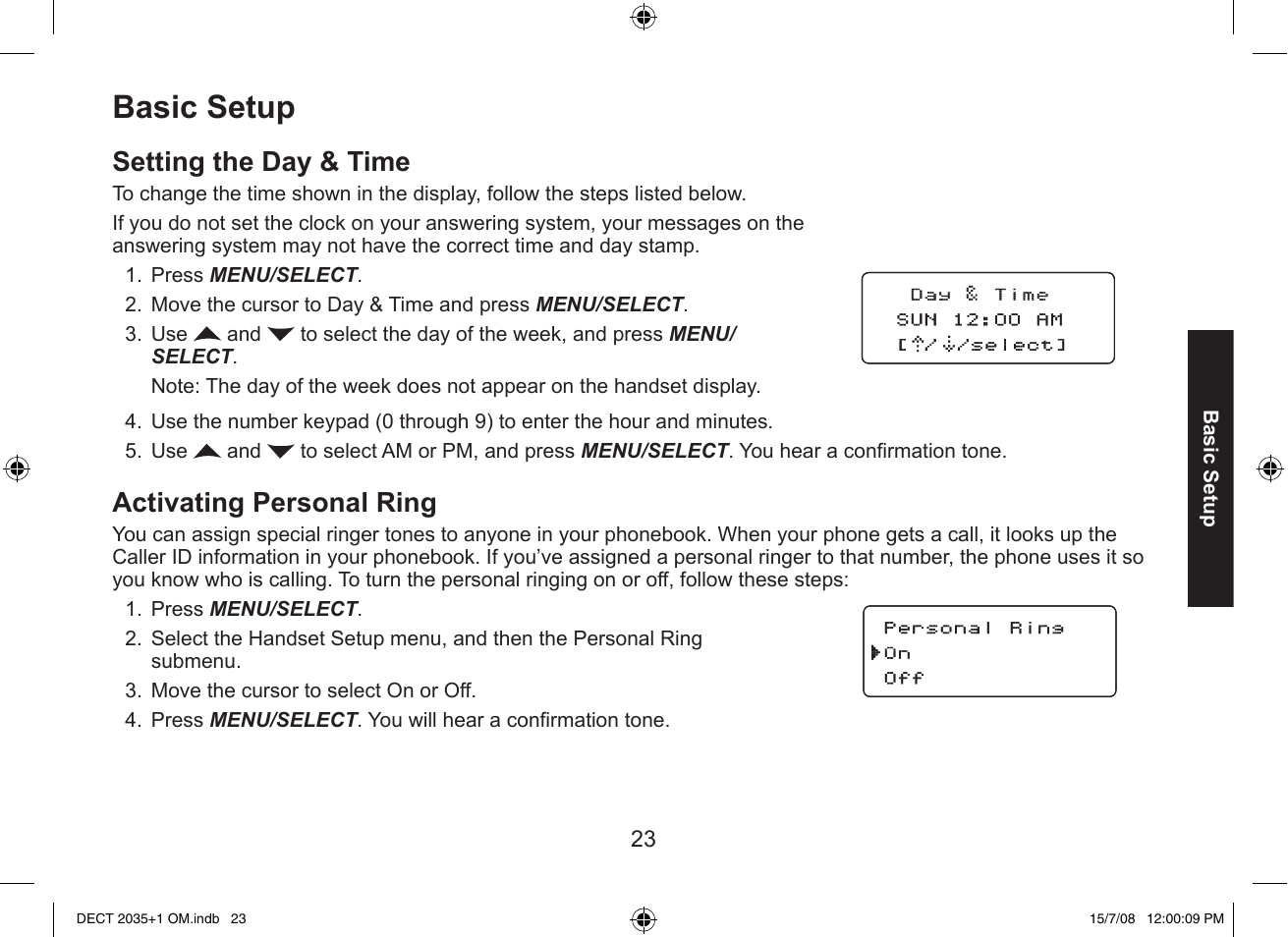 Basic setup, Setting the day & time, Activating personal ring | Uniden DECT2035+2 User Manual | Page 23 / 72