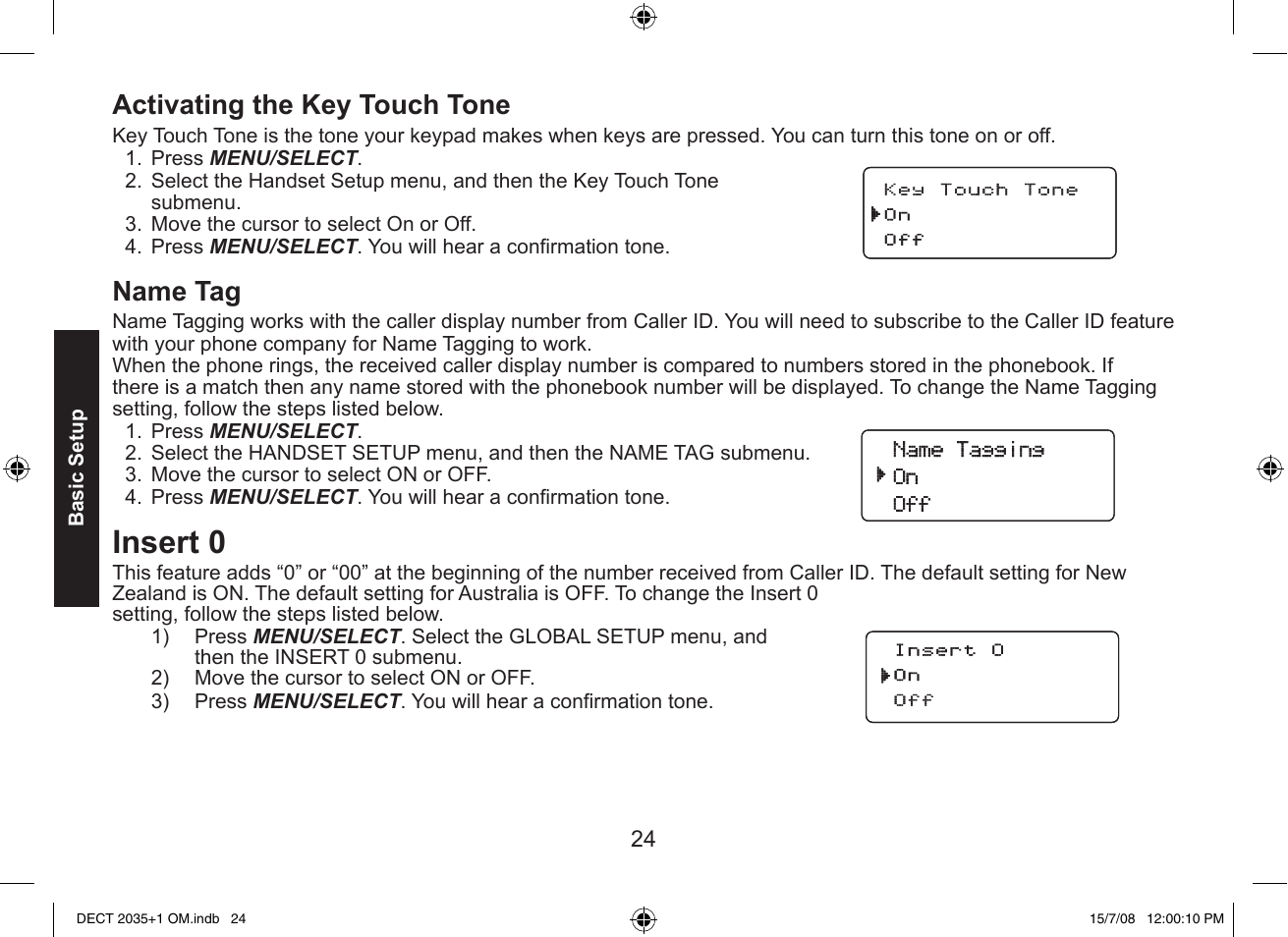 Insert 0, Activating the key touch tone, Name tag | Uniden DECT2035+2 User Manual | Page 24 / 72