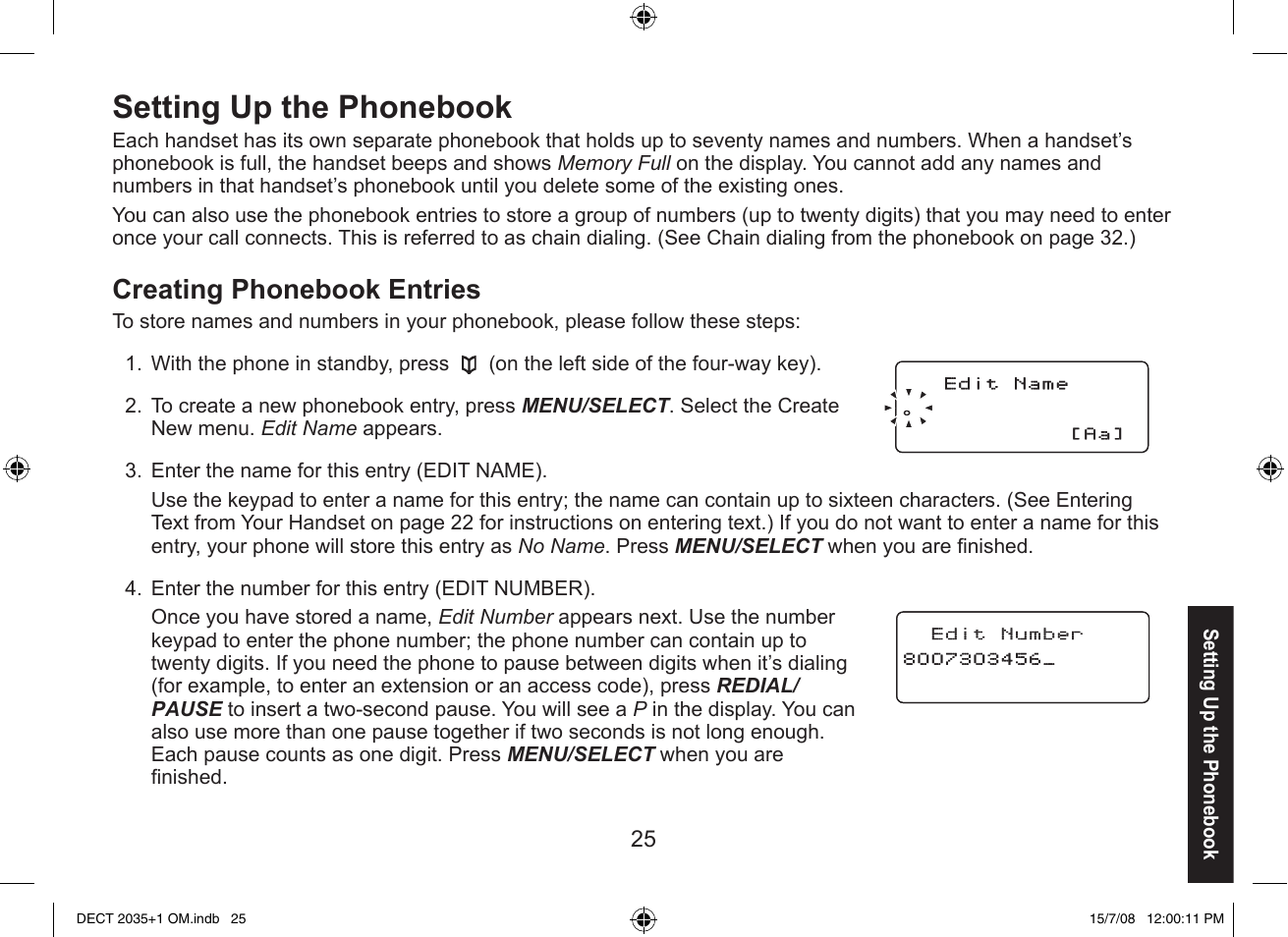 Setting up the phonebook, Creating phonebook entries | Uniden DECT2035+2 User Manual | Page 25 / 72
