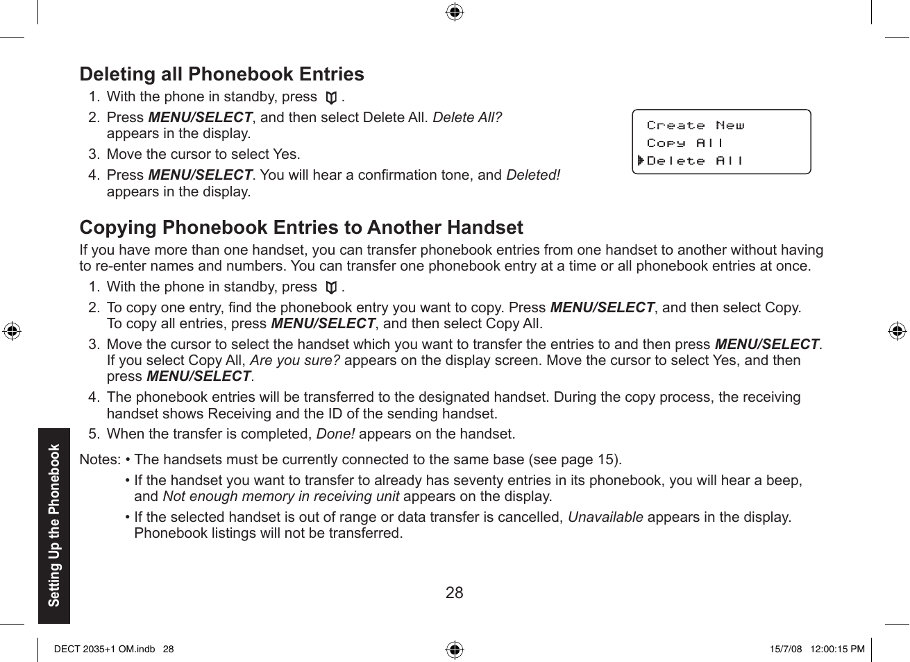 Deleting all phonebook entries, Copying phonebook entries to another handset | Uniden DECT2035+2 User Manual | Page 28 / 72