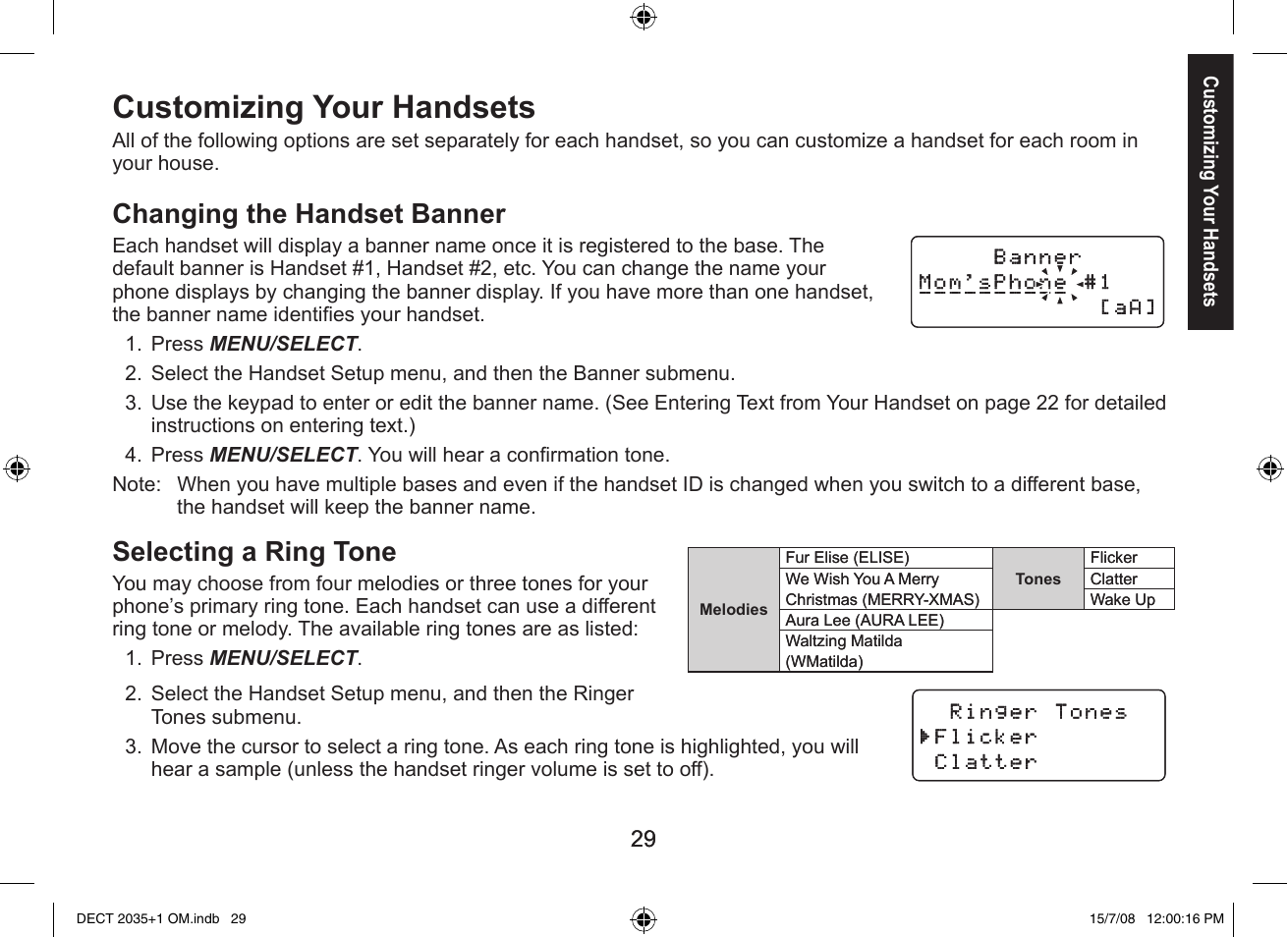 Customizing your handsets, Changing the handset banner, Selecting a ring tone | Uniden DECT2035+2 User Manual | Page 29 / 72