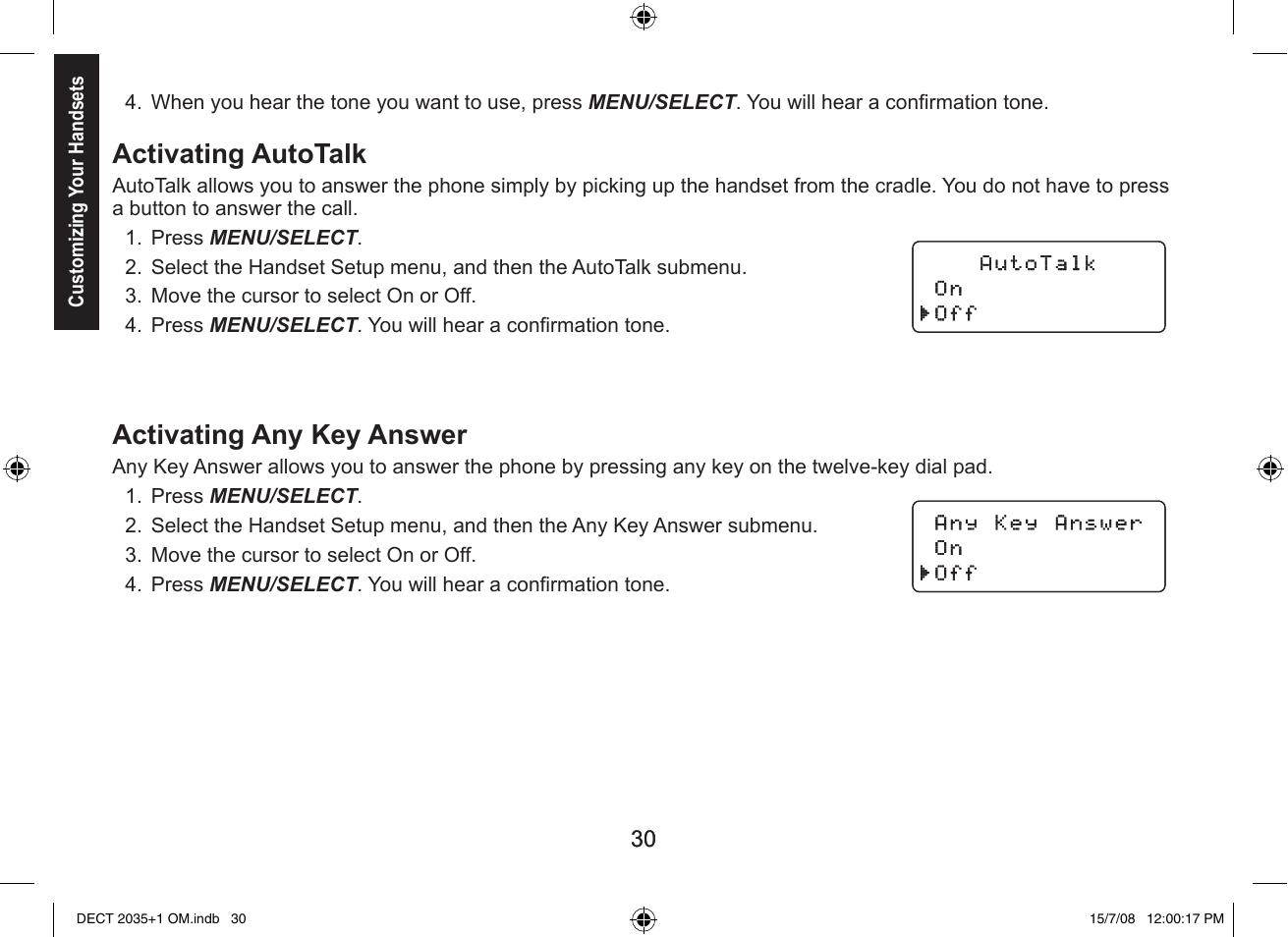 Activating autotalk, Activating any key answer | Uniden DECT2035+2 User Manual | Page 30 / 72