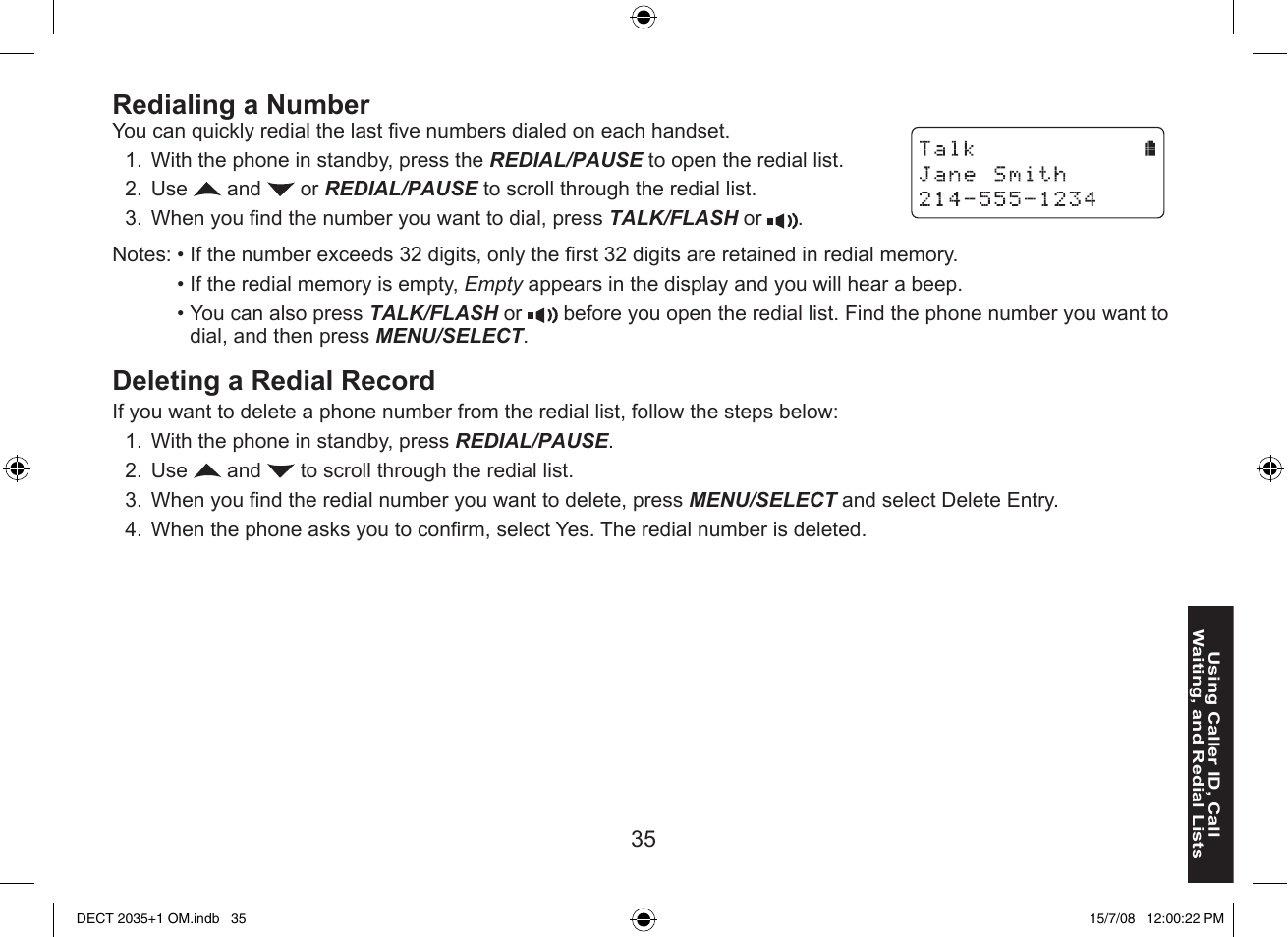 Redialing a number, Deleting a redial record | Uniden DECT2035+2 User Manual | Page 35 / 72