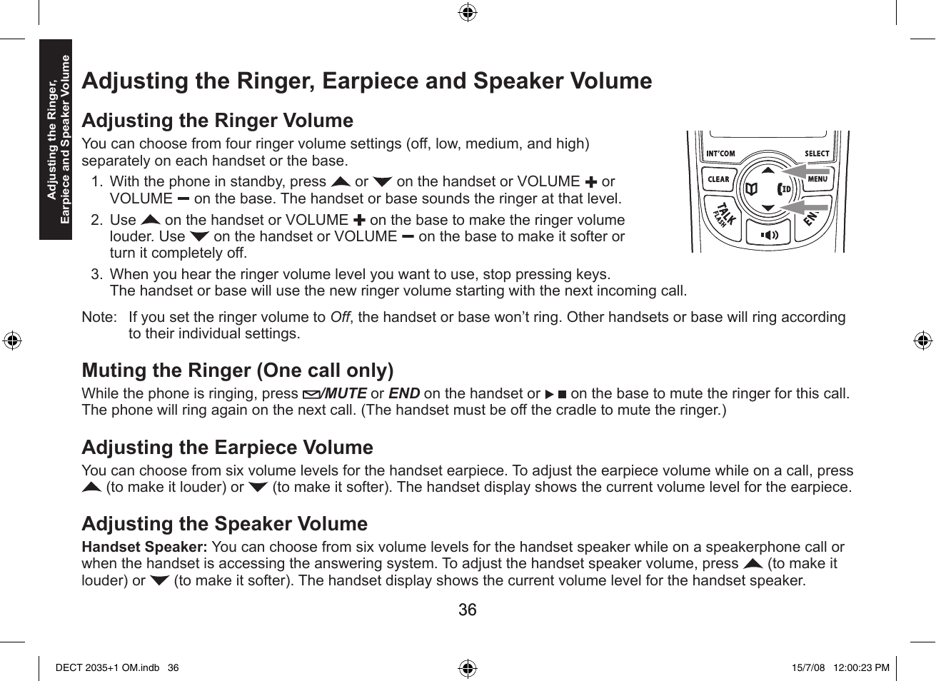 Adjusting the ringer, earpiece and speaker volume, Adjusting the ringer volume, Muting the ringer (one call only) | Adjusting the earpiece volume, Adjusting the speaker volume | Uniden DECT2035+2 User Manual | Page 36 / 72