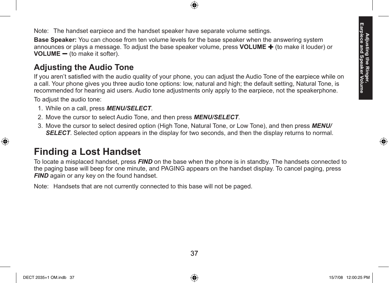 Finding a lost handset, Adjusting the audio tone | Uniden DECT2035+2 User Manual | Page 37 / 72