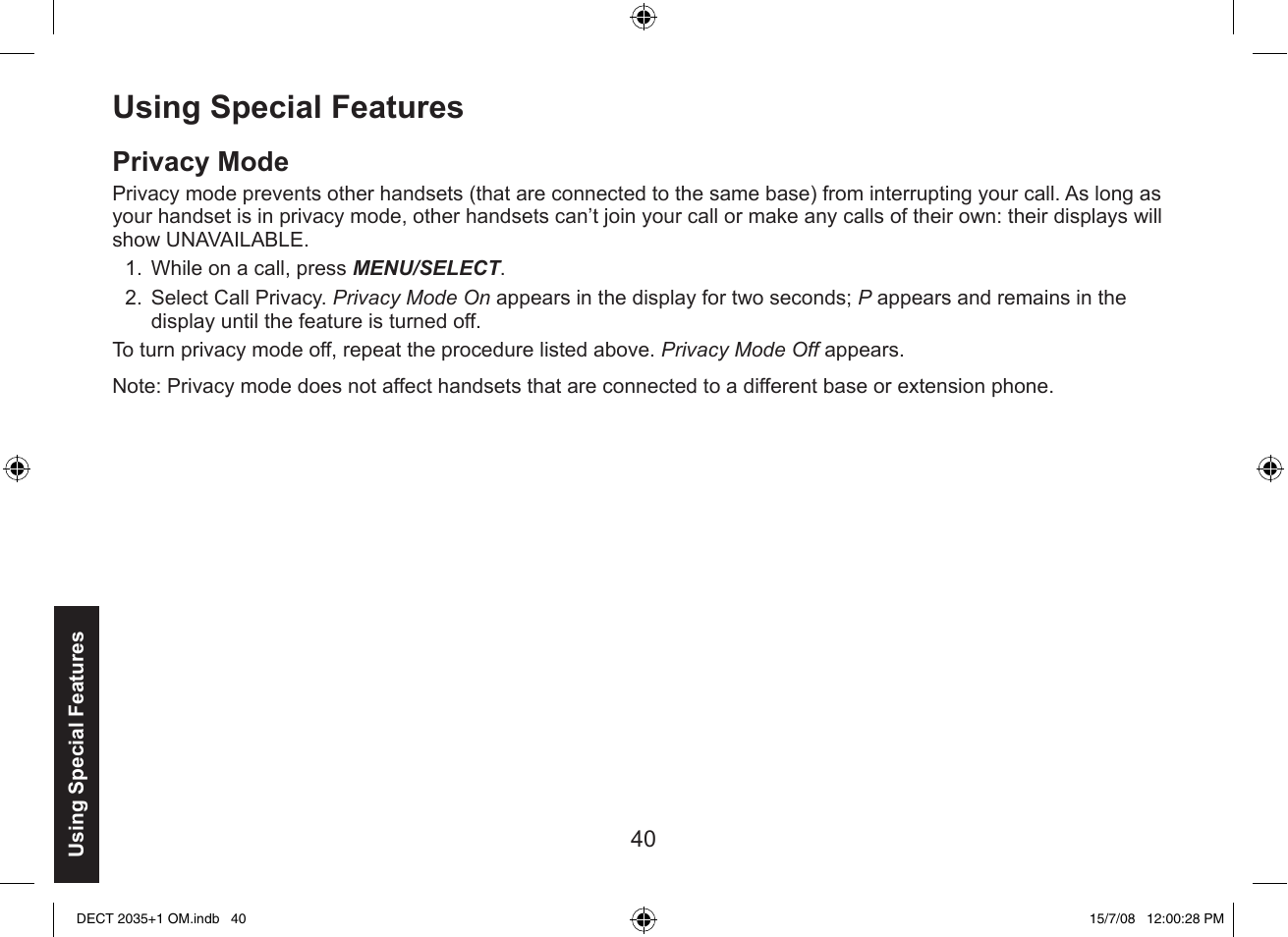 Using special features, Privacy mode | Uniden DECT2035+2 User Manual | Page 40 / 72