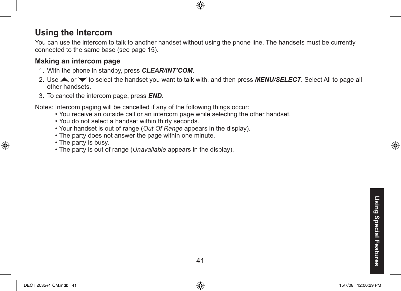 Using the intercom | Uniden DECT2035+2 User Manual | Page 41 / 72
