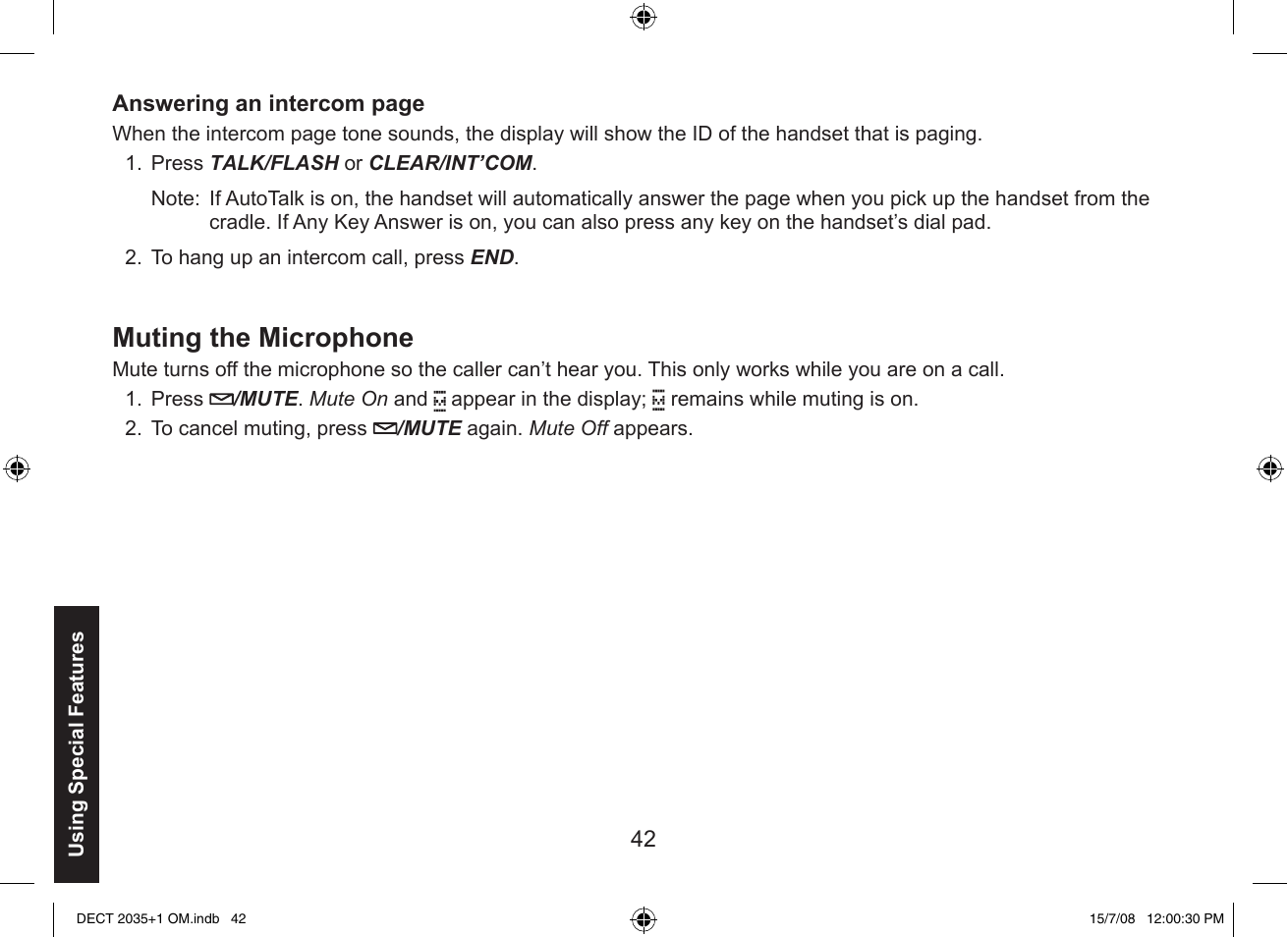 Muting the microphone | Uniden DECT2035+2 User Manual | Page 42 / 72