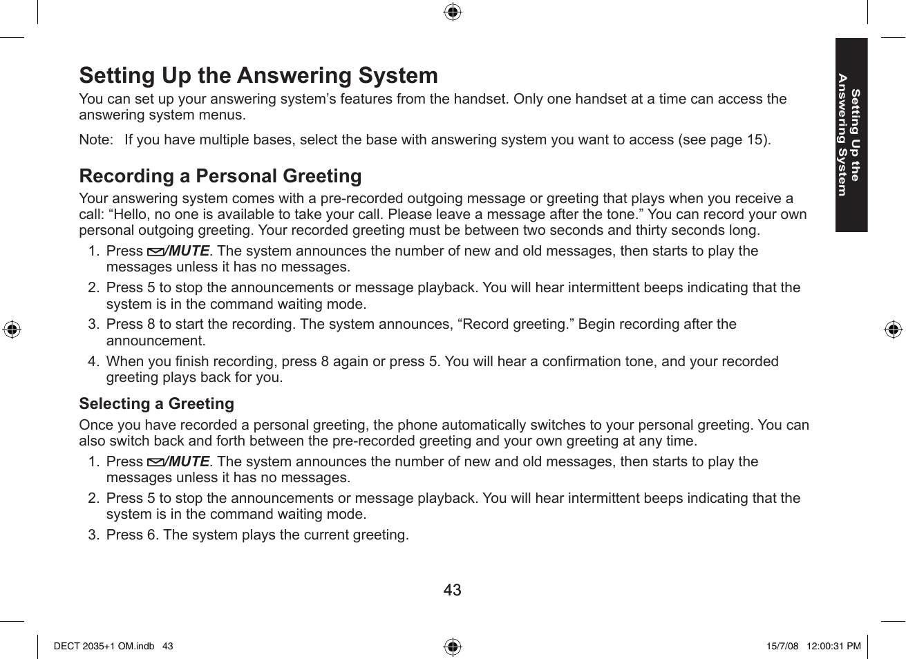 Setting up the answering system, Recording a personal greeting | Uniden DECT2035+2 User Manual | Page 43 / 72