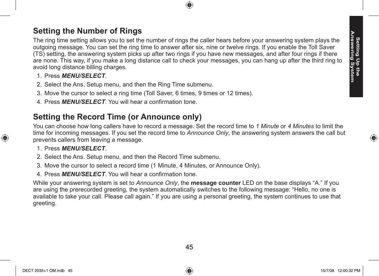 Setting the number of rings, Setting the record time (or announce only) | Uniden DECT2035+2 User Manual | Page 45 / 72