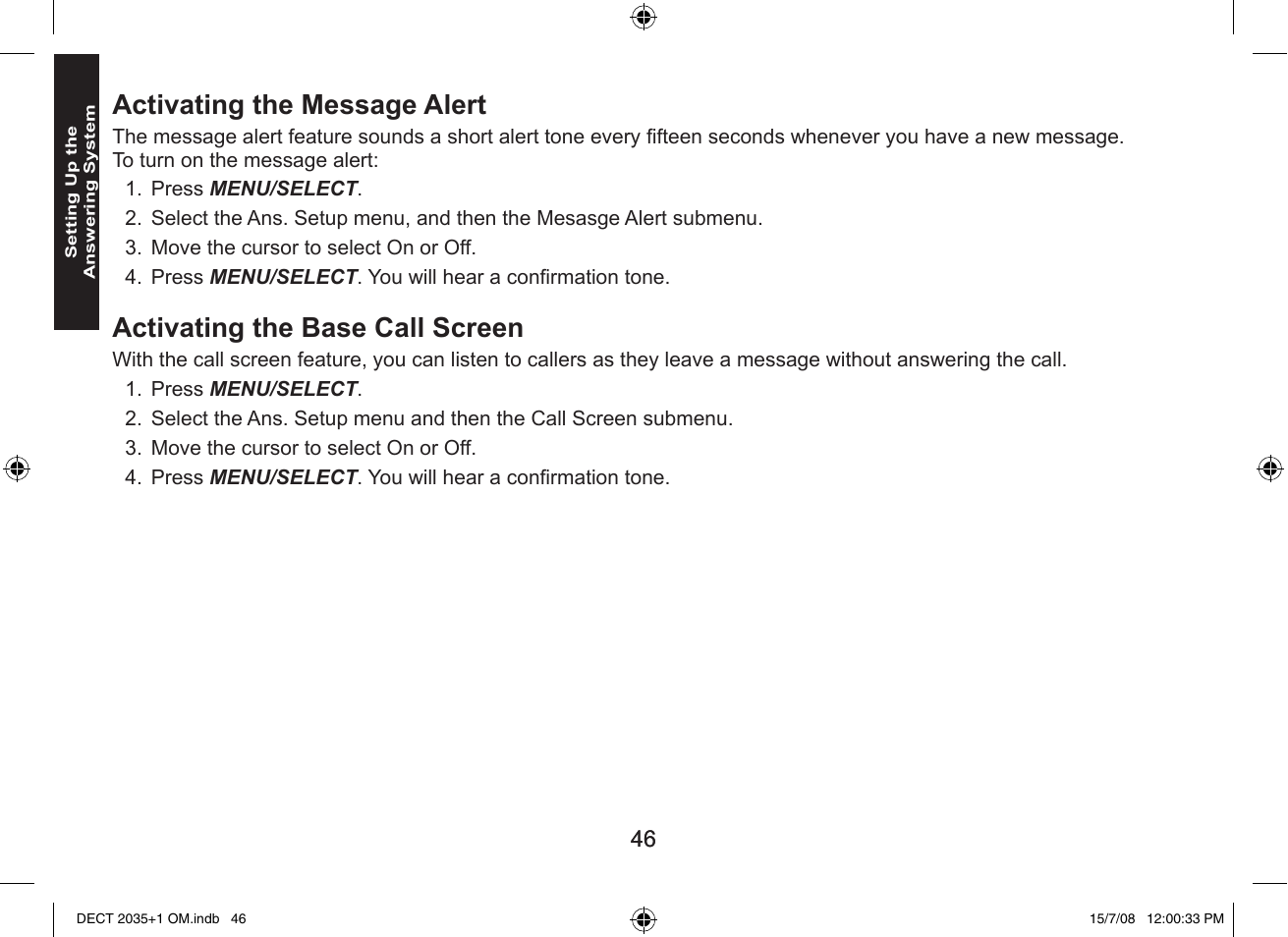 Activating the message alert, Activating the base call screen | Uniden DECT2035+2 User Manual | Page 46 / 72