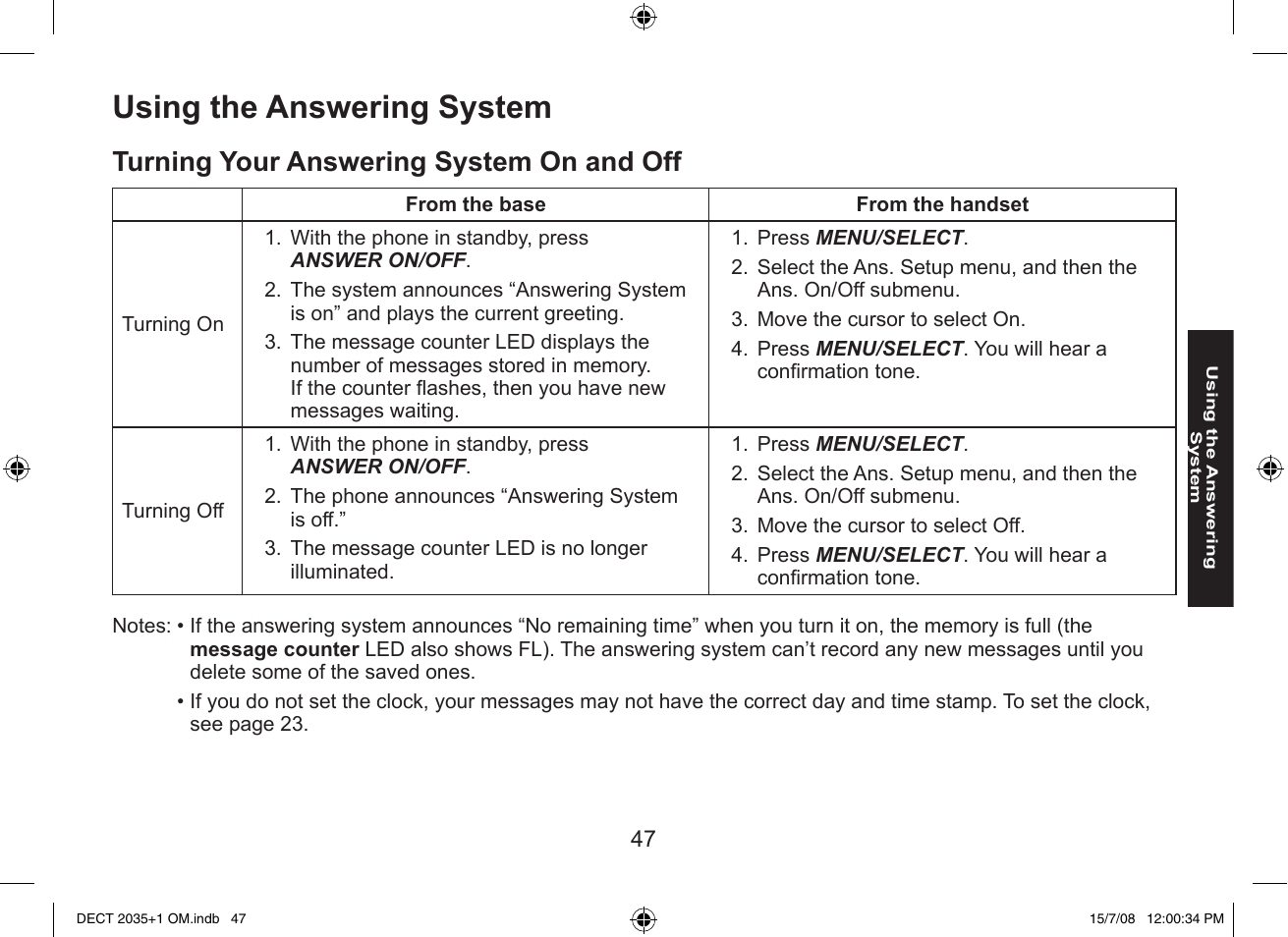 Using the answering system, Turning your answering system on and off | Uniden DECT2035+2 User Manual | Page 47 / 72